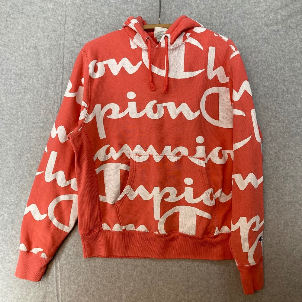 Champion Large Pink Reverse Weave Logo All over Print Pullover Hoodie Front Pckt